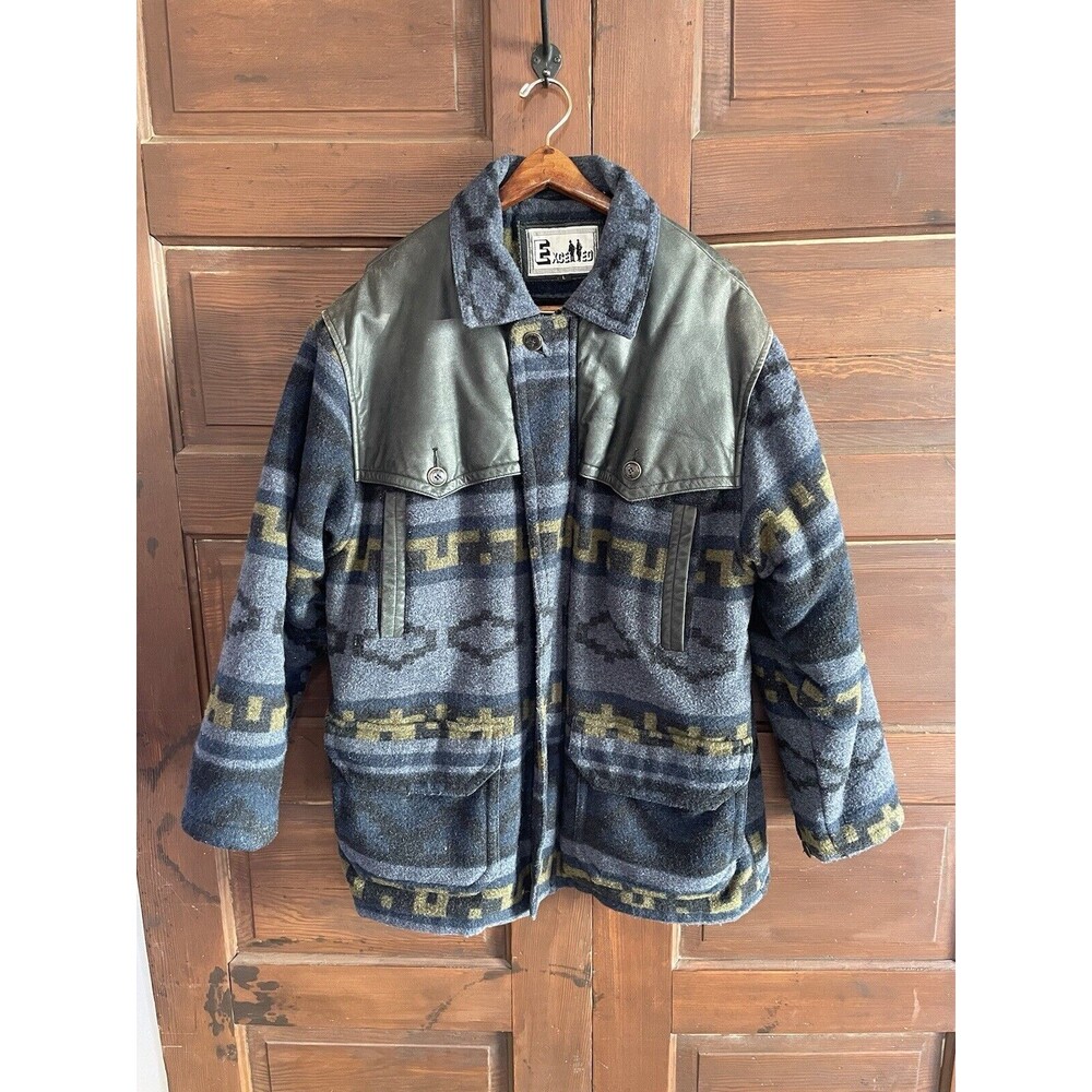 VTG southwestern Aztec print jacket wool leather Made In Korea By Excelled L